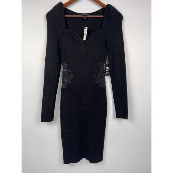 NEW EXPRESS S BLACK PUFF SHOULDER LACE PIECED BODY CONTOUR SWEATER DRESS - Picture 3 of 11